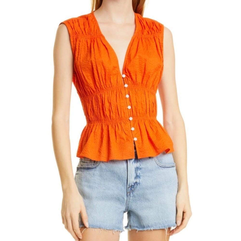 FRAME Ruched V-Neck Blouse Orange Cotton Size Small Sleeveless Top